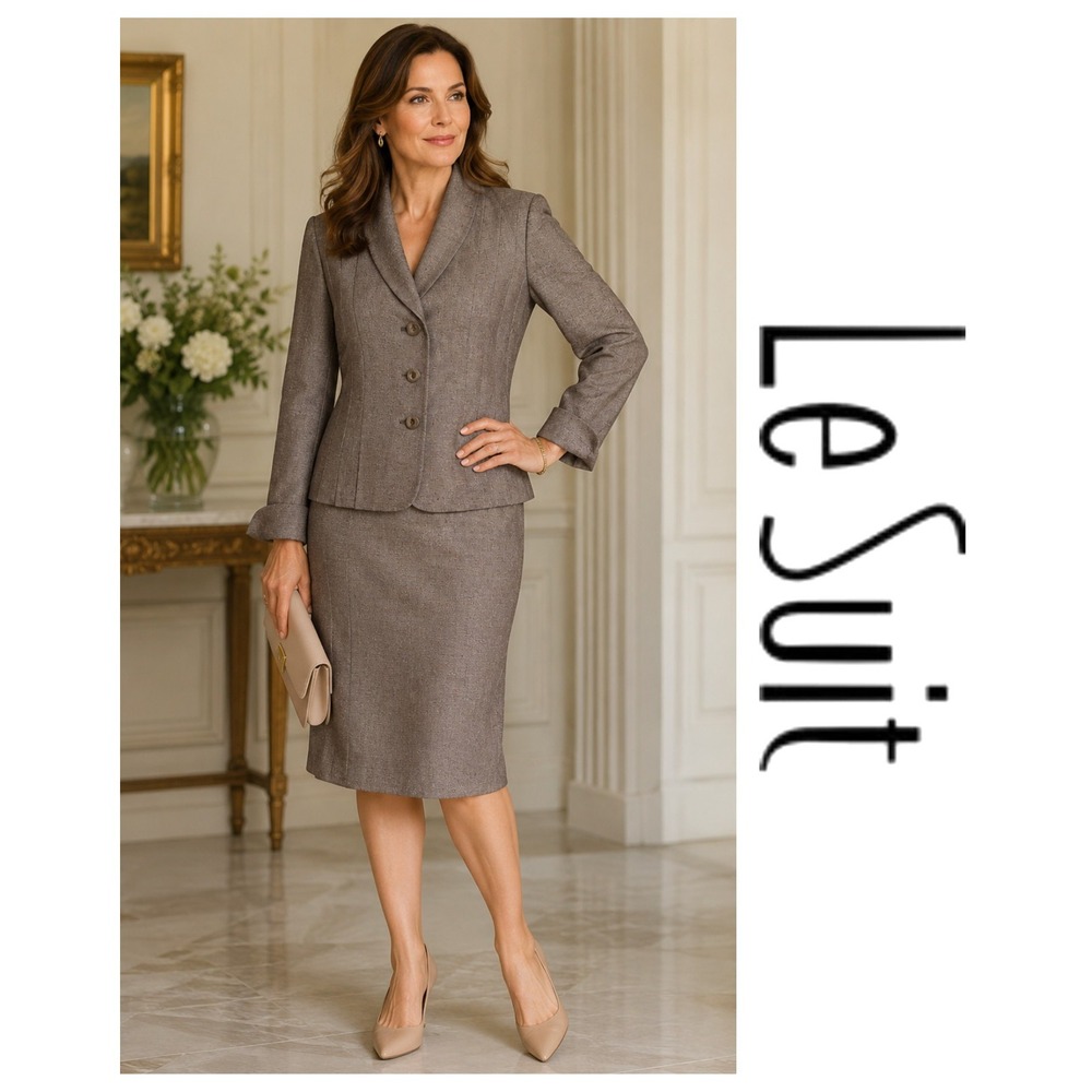 LE SUIT Brown 2 PC Skirt Suit Lined Career Capsule Quiet Luxury Size 14